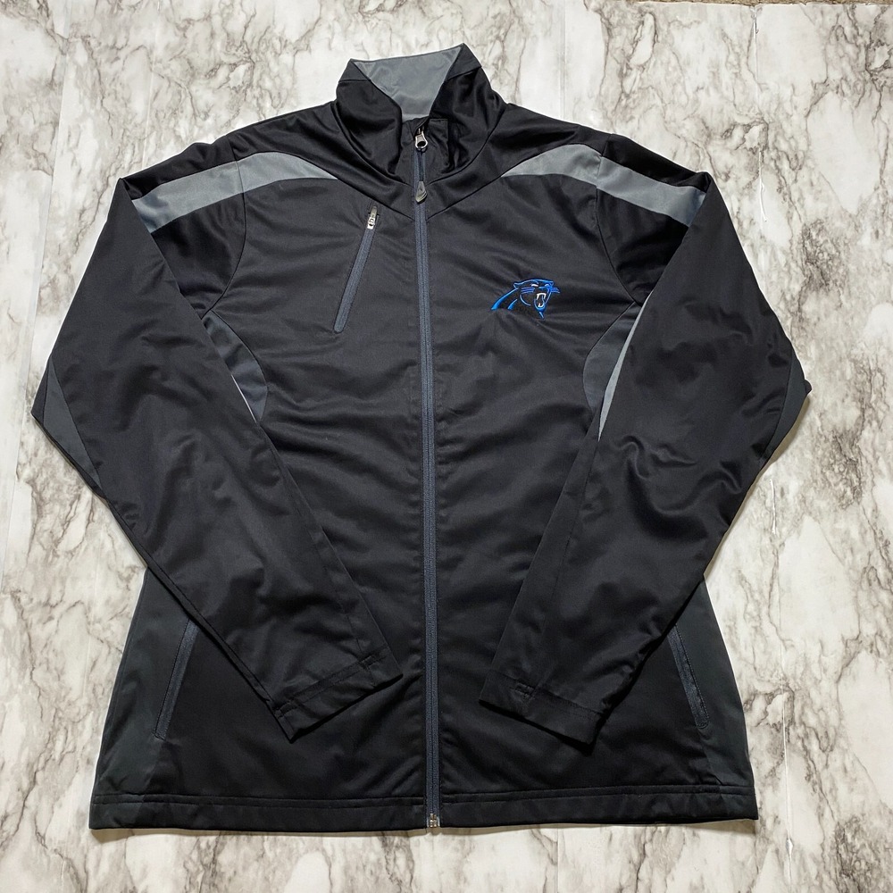 Antigua Womens Jacket Size L Black Gray Outdoors Full Zip Panthers‎ Pockets